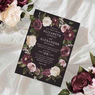 Elegant Dark Moody Floral Burgundy Wedding Kaart