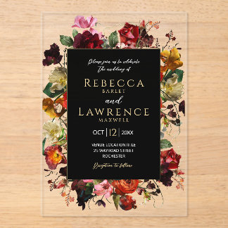 Elegant dark moody flowers black wedding acryl uitnodigingen