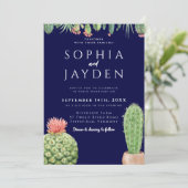 Elegant Dark Navy Blue Cactus Waterverf Wedding Kaart (Staand voorkant)