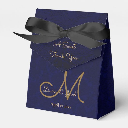 Elegant Dark Navy Blue Gold Monogram Floral Bedankdoosjes (Voorkant Zijde)