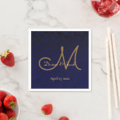 Elegant Dark Navy Blue Gold Monogram Floral Servet (Insitu)
