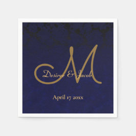 Elegant Dark Navy Blue Gold Monogram Floral Servet