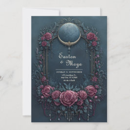 Elegant Dark Navy Burgundy Floral Evening Wedding Kaart
