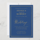 Elegant Dark Navy Faux Gold Border Wedding Kaart (Voorkant)