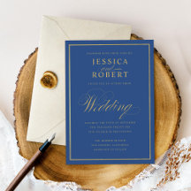 Elegant Dark Navy Faux Gold Border Wedding