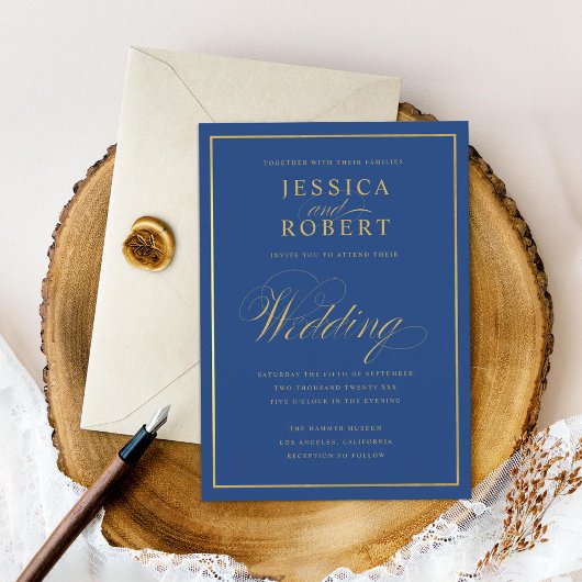 Elegant Dark Navy Faux Gold Border Wedding Kaart