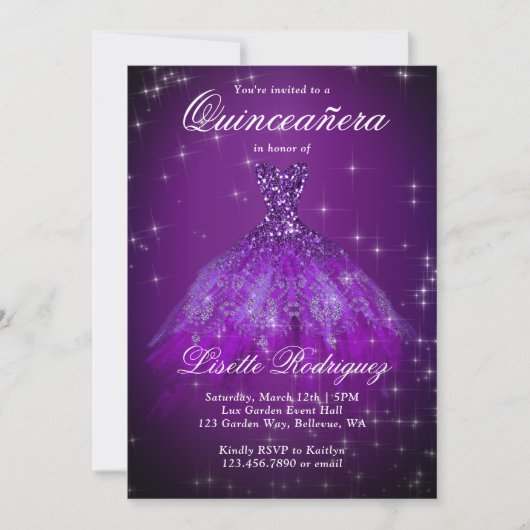 Elegant Dark Paars Quinceanera Uitnodiging (Voorkant)