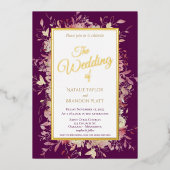 Elegant Dark Paarse Floral Weddenschap Gold Folie Uitnodiging (Voorkant)