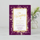 Elegant Dark Paarse Floral Weddenschap Gold Folie Uitnodiging (Staand Voorkant)