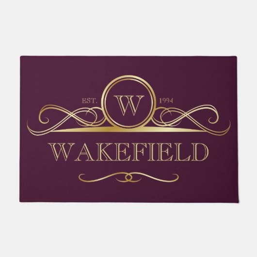 Elegant Dark Plum & Faux Gold  monogram Deurmat (Voorkant)