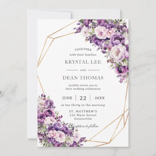 Elegant Dark Purple and Blush Pink Floral Wedding Kaart (Voorkant)
