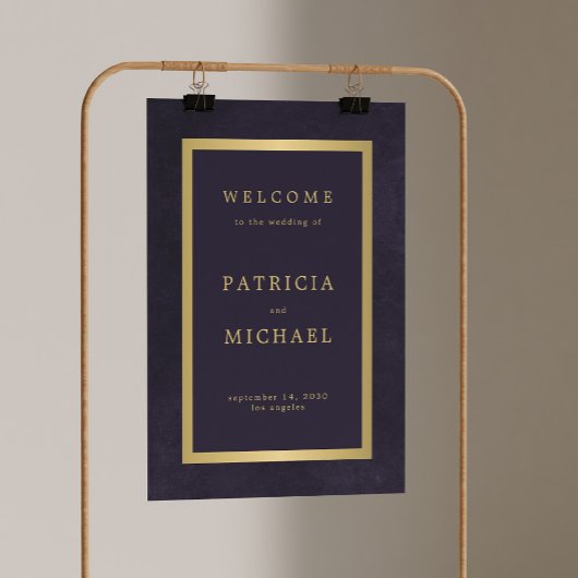 Elegant dark purple and gold wedding welcome sign poster