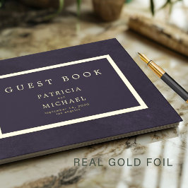 Elegant dark purple gold foil typography wedding gastenboek