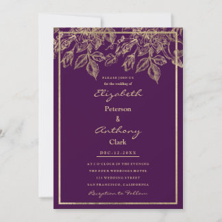 Elegant dark purple gold luxury floral Wedding Kaart