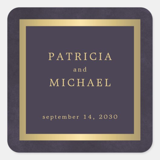 Elegant dark purple gold personalized wedding  vierkante sticker (Voorkant)