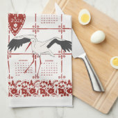 Elegant Dark Red Alsatian Folk Stork 2026 Calendar Theedoek (Quarter Fold)