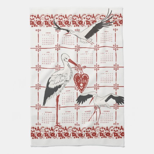 Elegant Dark Red Alsatian Folk Stork 2026 Calendar Theedoek (Verticaal)