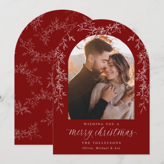 Elegant Dark Red Botanical Arch Photo Christmas Feestdagenkaart (Voorkant / Achterkant)