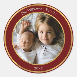 Elegant Dark Red en Gold Lijst - Aangepaste foto Ronde Sticker
