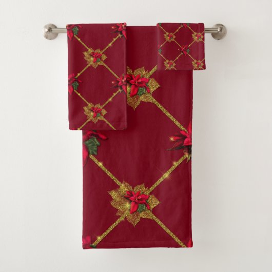Elegant Dark Red en Gold Poinsettia Bad Handdoek (Insitu)