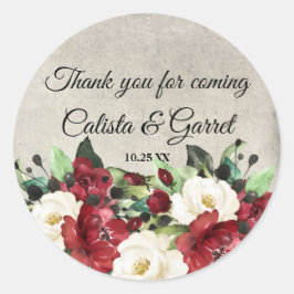 Elegant Dark Red Floral Gothic Weddenschap Harteli Ronde Sticker