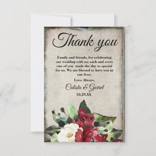 Elegant Dark Red Floral Grunge Grey Gothic Weddens Bedankkaart (Voorkant)