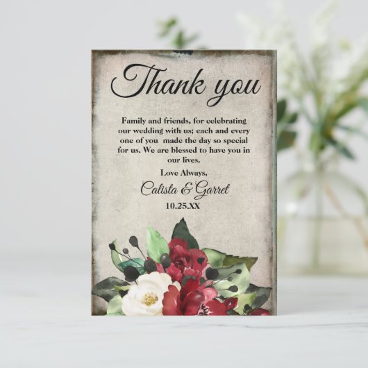 Elegant Dark Red Floral Grunge Grey Gothic Weddens Bedankkaart (Staand voorkant)