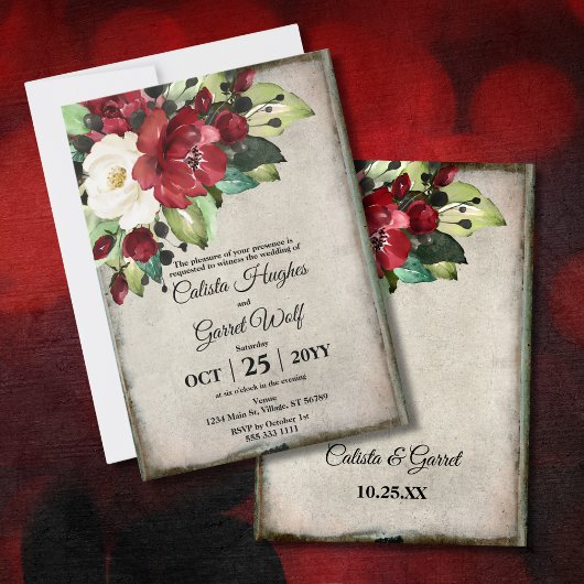 Elegant Dark Red Floral Grunge Grey Gothic Weddens Kaart