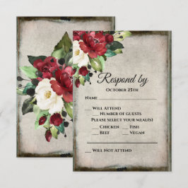 Elegant Dark Red Floral Grunge Grey Gothic Weddens RSVP Kaartje
