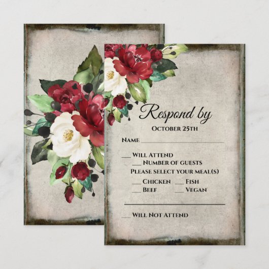 Elegant Dark Red Floral Grunge Grey Gothic Weddens RSVP Kaartje (Voorkant / Achterkant)