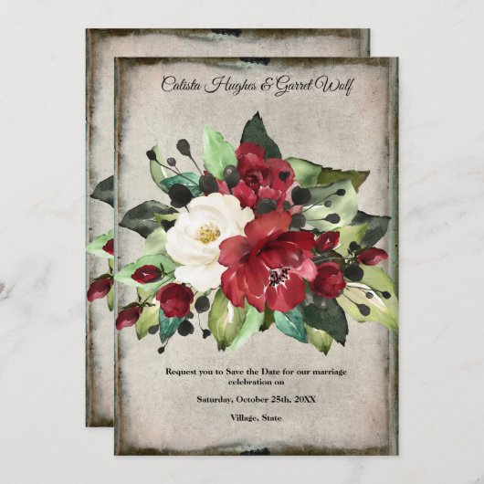 Elegant Dark Red Floral Grunge Grey Gothic Weddens Save The Date (Voorkant / Achterkant)