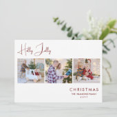 Elegant Dark Red Holly Jolly Quote 3 Multi Photos  Feestdagenkaart (Staand voorkant)