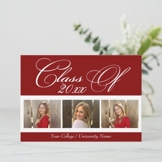 Elegant Dark Red Maroon 3 Foto College Graduatie Kaart (Staand voorkant)