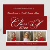Elegant Dark Red Maroon 3 Foto College Graduatie Kaart (Voorkant / Achterkant)