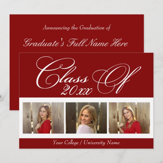 Elegant Dark Red Maroon 3 Foto College Graduatie Kaart (Voorkant / Achterkant)