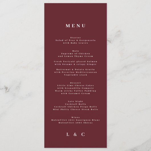 Elegant Dark Red Plum Burgundy Classic Wedding Menu (Voorkant)