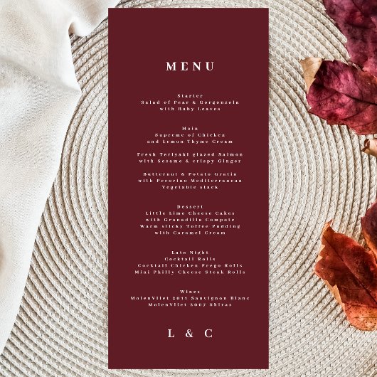Elegant Dark Red Plum Burgundy Classic Wedding Menu