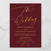 Elegant Dark Red Plum Burgundy Gold Het huwelijk Folie Uitnodiging (Voorkant)