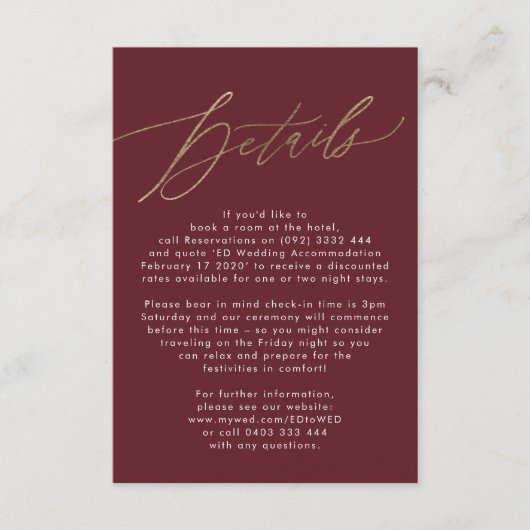 Elegant Dark Red Plum Burgundy Gold Het huwelijk RSVP Kaartje (Voorkant)