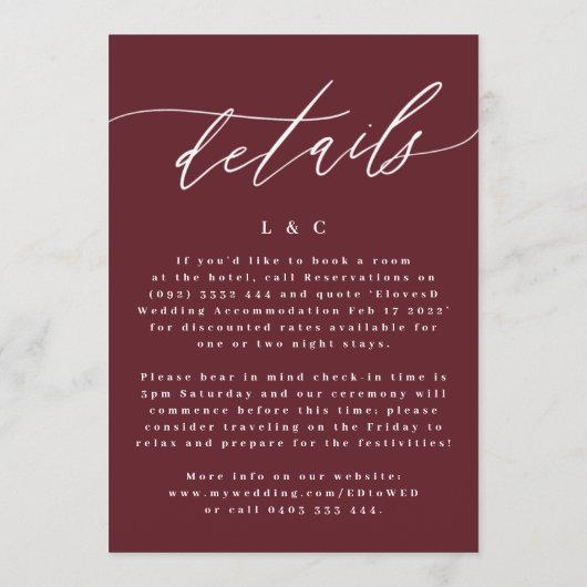 Elegant Dark Red Plum Burgundy White Het huwelijk Kaart (Achterkant)