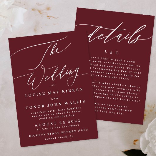 Elegant Dark Red Plum Burgundy White Het huwelijk Kaart