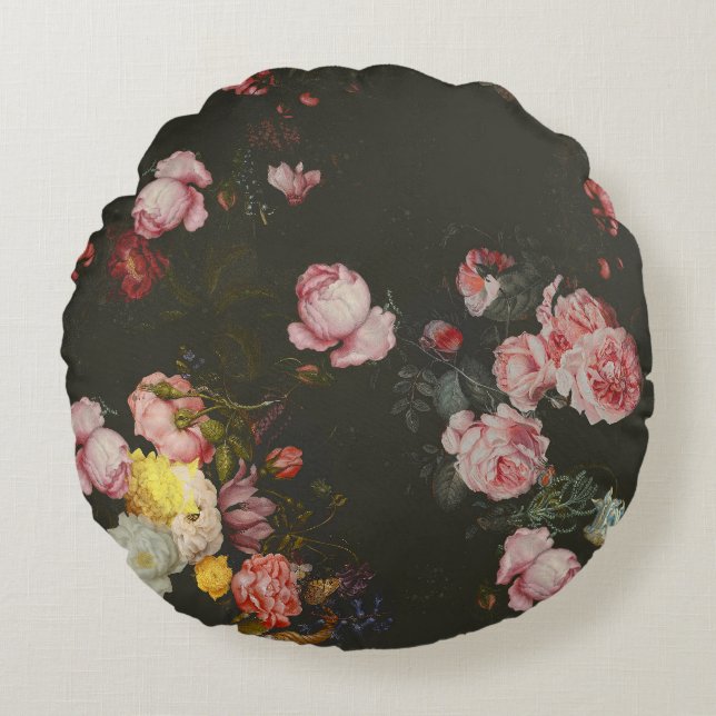 Elegant Dark Rich Floral roze Roses Rond Kussen (Voorkant)