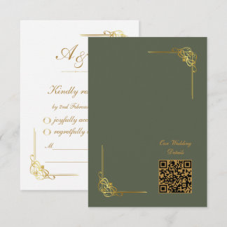 Elegant Dark Sage Gold Wedding Event QR Code RSVP Kaartje