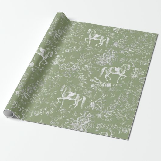 Elegant  Dark Sage Horses Floral Patter Cadeaupapier (Uitgerold)