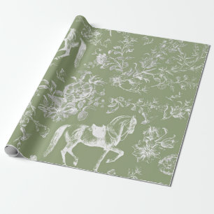 Elegant  Dark Sage Horses Floral Patter Cadeaupapier