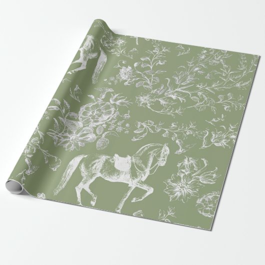 Elegant  Dark Sage Horses Floral Patter Cadeaupapier (Uitgerold)