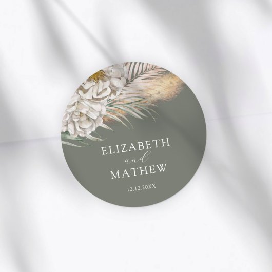Elegant Dark Sage Pampas Grass Wedding Ronde Sticker