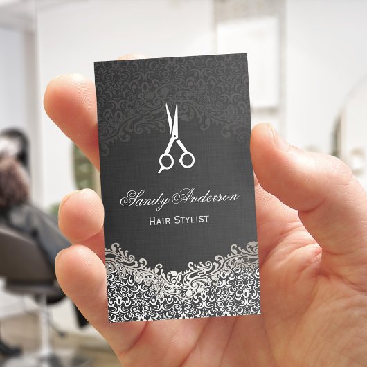 Elegant Dark Silver Damask - Hair Stylist Visitekaartje