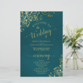 Elegant Dark Teal & Gold Budget Wedding Program (Staand voorkant)