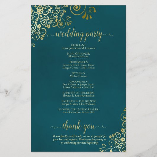 Elegant Dark Teal & Gold Budget Wedding Program (Achterkant)